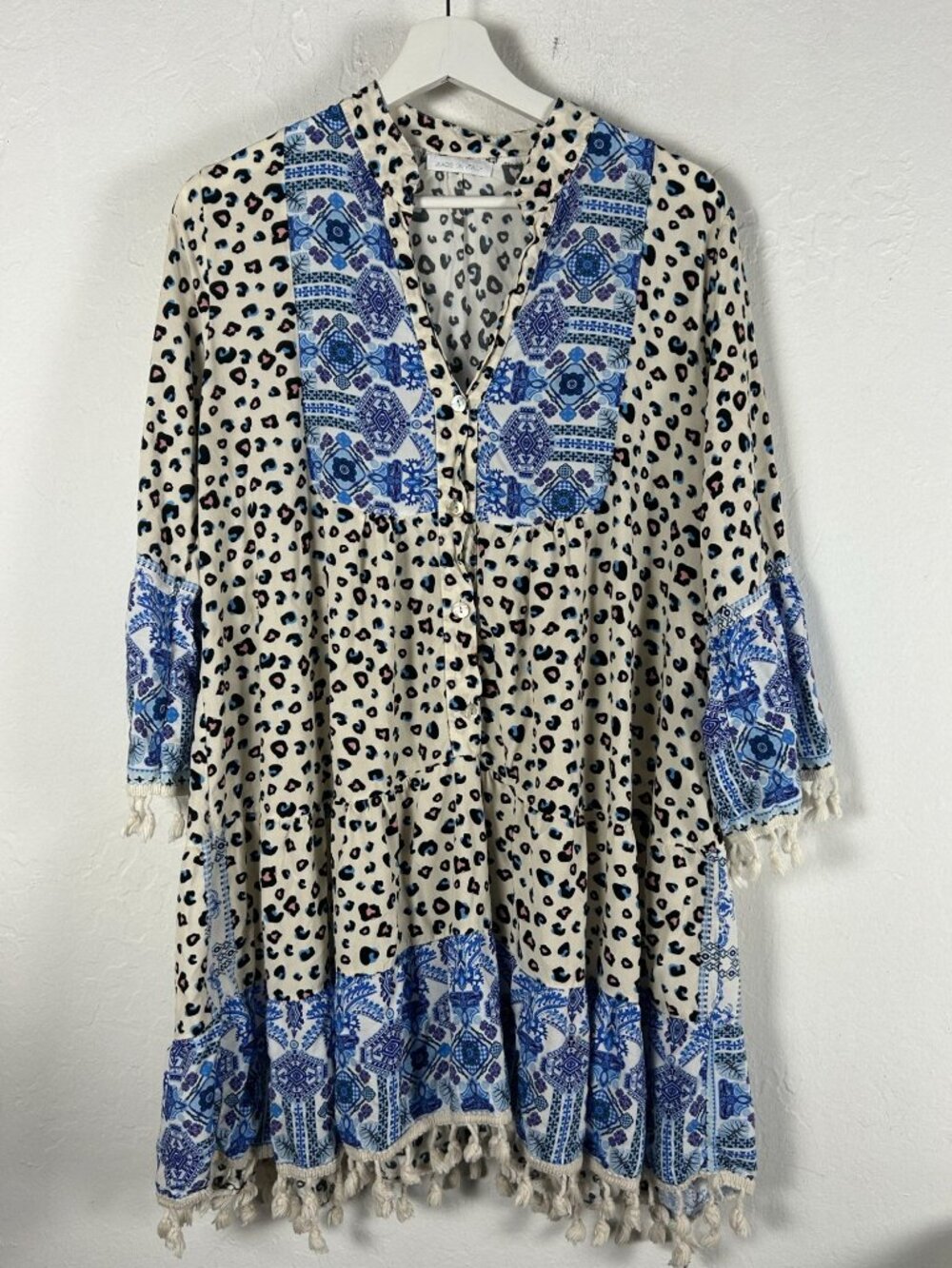 Vintage Italian Lagenlook Boho Leopard & Blue Tile Mixed Print Tunic Dress Boho